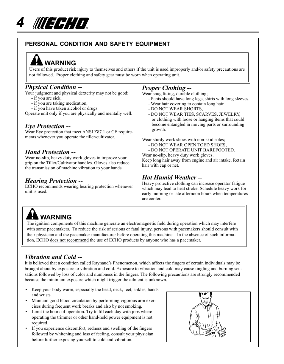 Vibration and cold, Physical condition, Eye protection | Hand protection, Hearing protection, Warning, Proper clothing, Hot humid weather | Echo TC-210 User Manual | Page 4 / 32