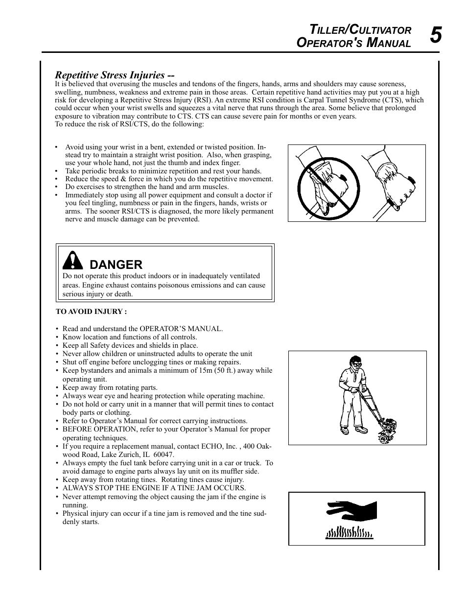 Danger, Repetitive stress injuries | Echo TC-210 User Manual | Page 5 / 32