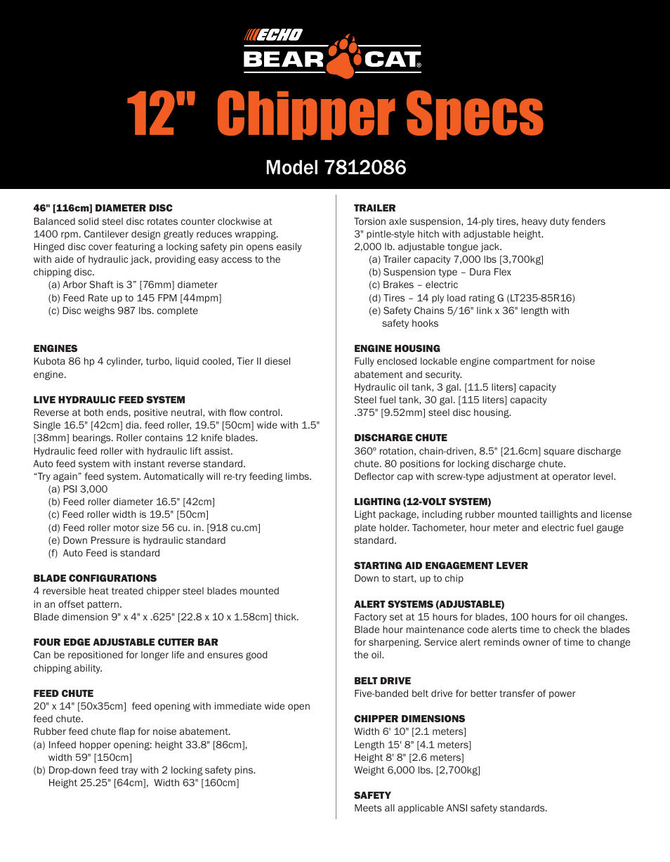 12" chipper specs | Echo Bear Cat 7812086 User Manual | Page 2 / 2