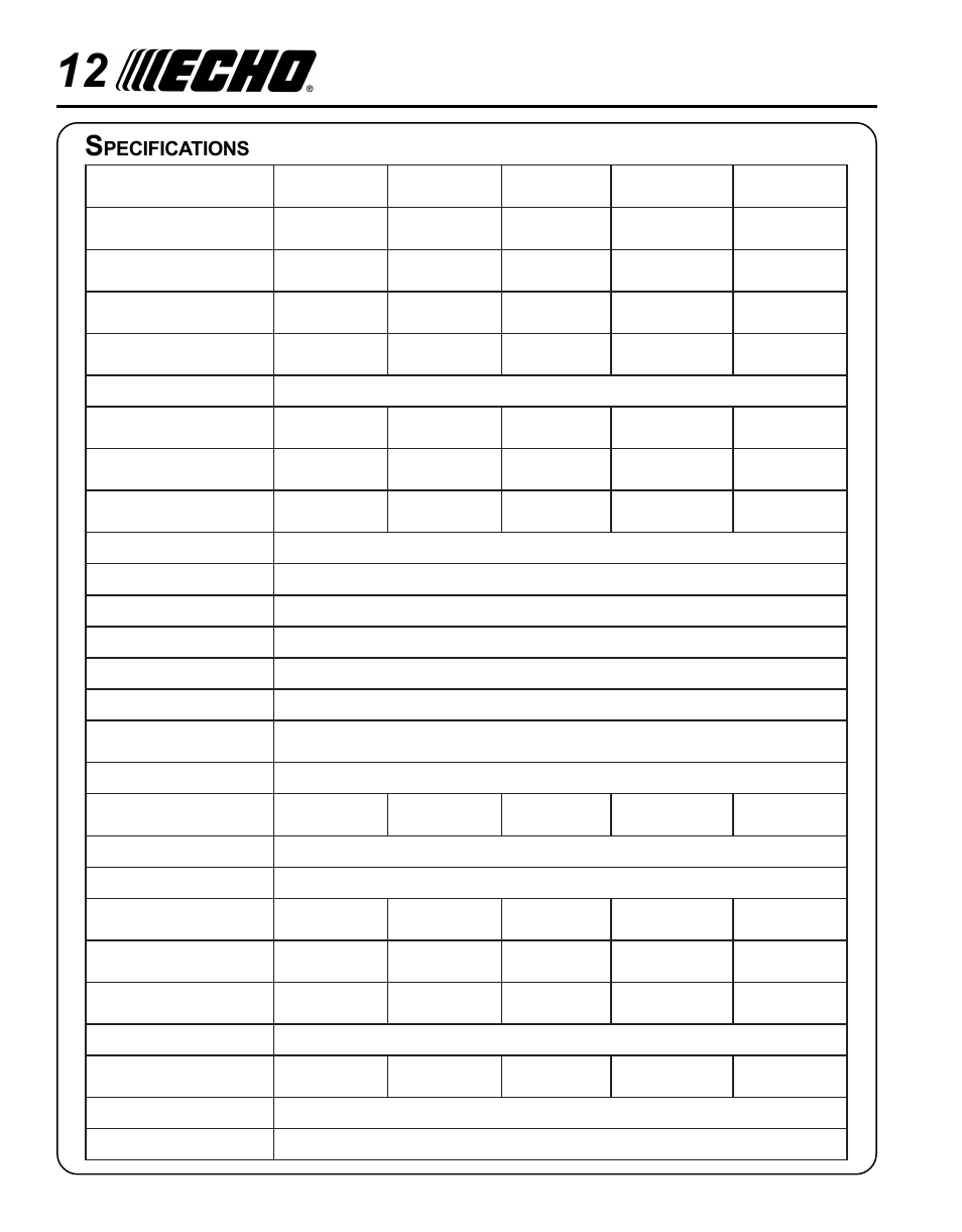 Pecifications | Echo HC-1500 Type 1E User Manual | Page 12 / 32