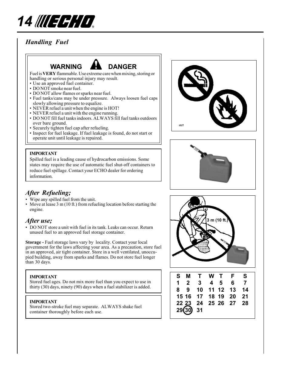 Handling fuel warning danger, After refueling, After use | Echo HC-1500 Type 1E User Manual | Page 14 / 32