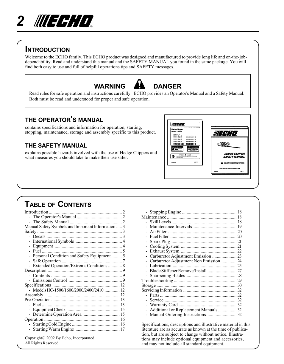 Warning danger | Echo HC-1500 Type 1E User Manual | Page 2 / 32