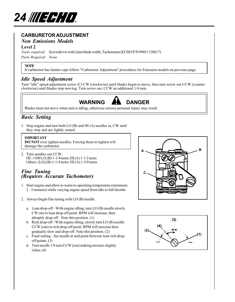 Basic setting, Fine tuning (requires accurate tachometer), Non emissions models | Idle speed adjustment, Warning danger | Echo HC-1500 Type 1E User Manual | Page 24 / 32