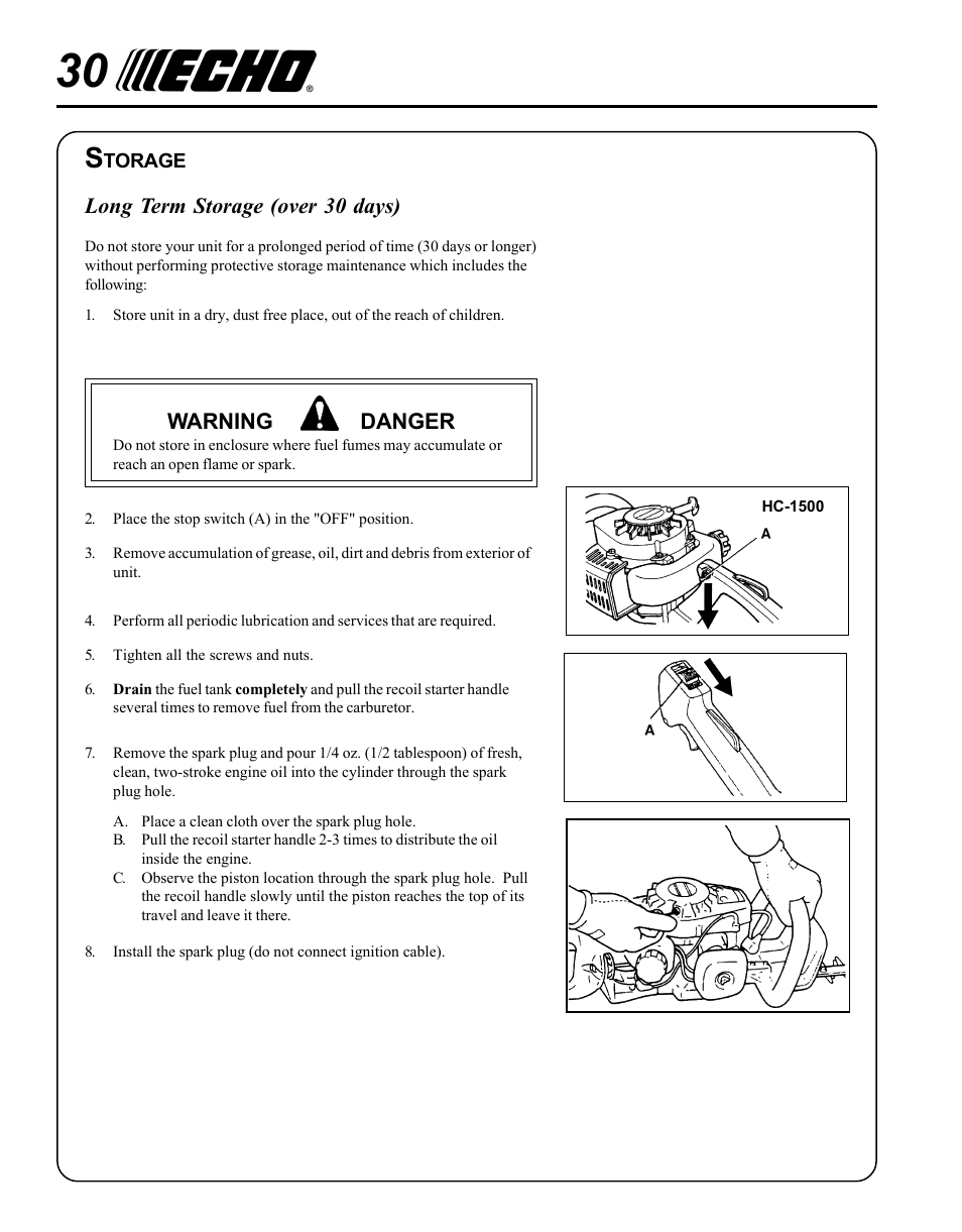 Long term storage (over 30 days), Warning danger | Echo HC-1500 Type 1E User Manual | Page 30 / 32