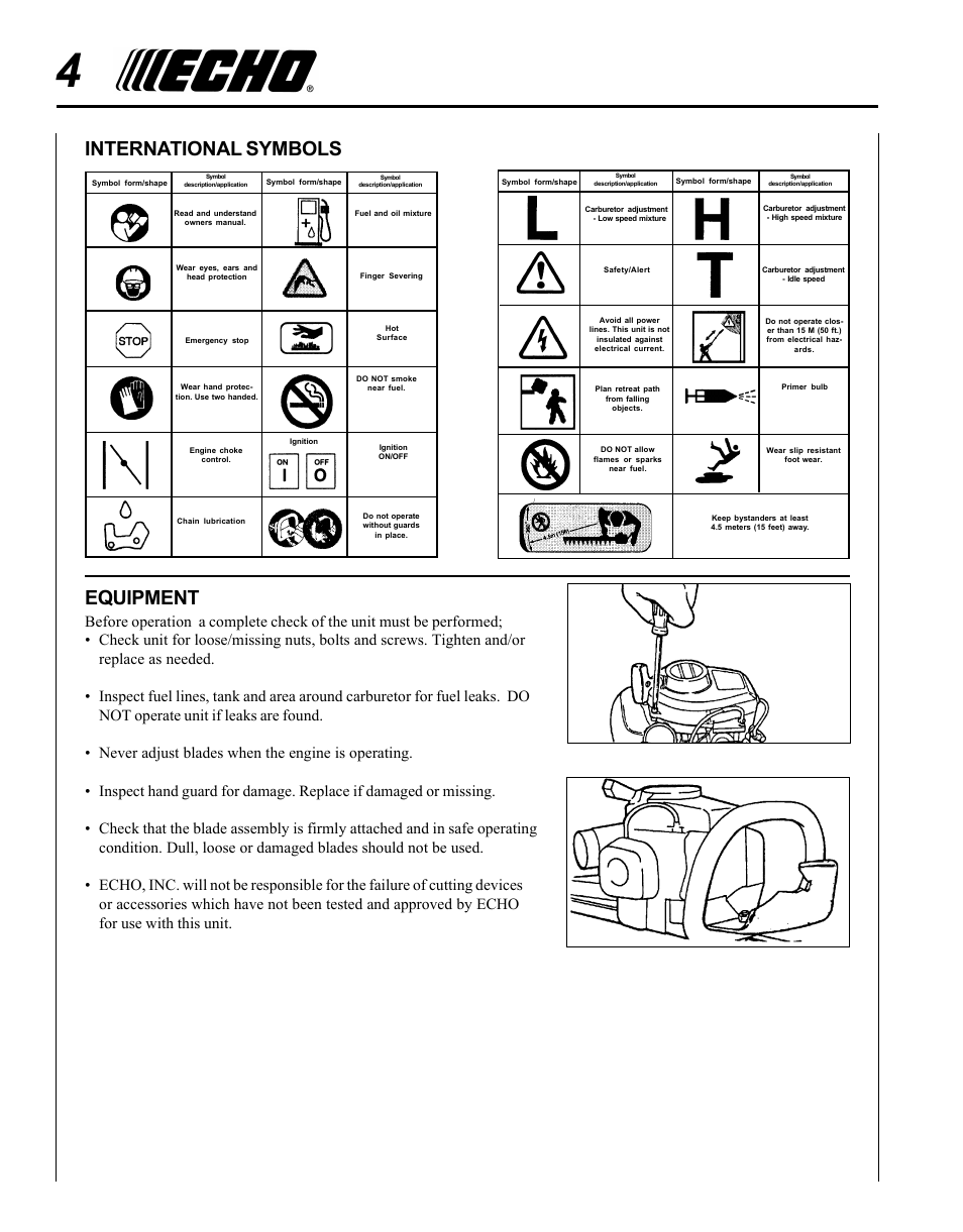 International, Symbols equipment | Echo HC-1500 Type 1E User Manual | Page 4 / 32