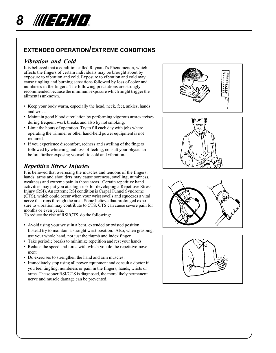 Vibration and cold, Repetitive stress injuries | Echo HC-1500 Type 1E User Manual | Page 8 / 32