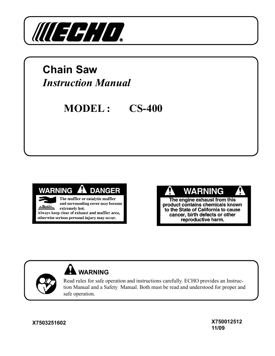 Echo Chain Saw CS-400 User Manual | 36 pages