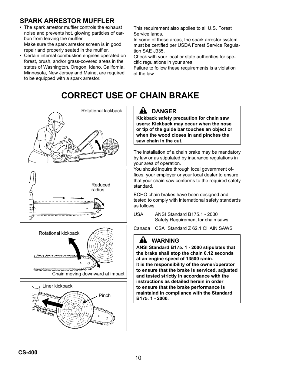 Correct use of chain brake, Spark arrestor muffler | Echo Chain Saw CS-400 User Manual | Page 10 / 36