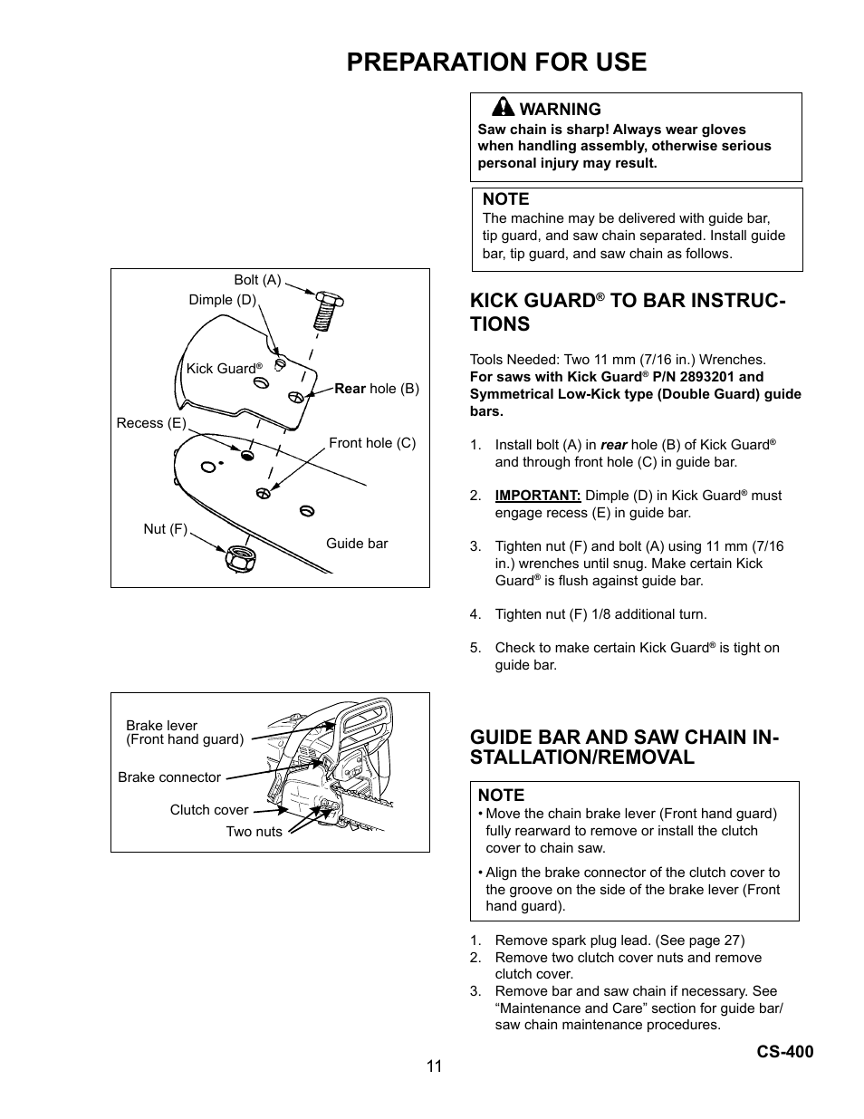 Preparation for use, Kick guard, Guide bar and saw chain in- stallation/removal | Echo Chain Saw CS-400 User Manual | Page 11 / 36
