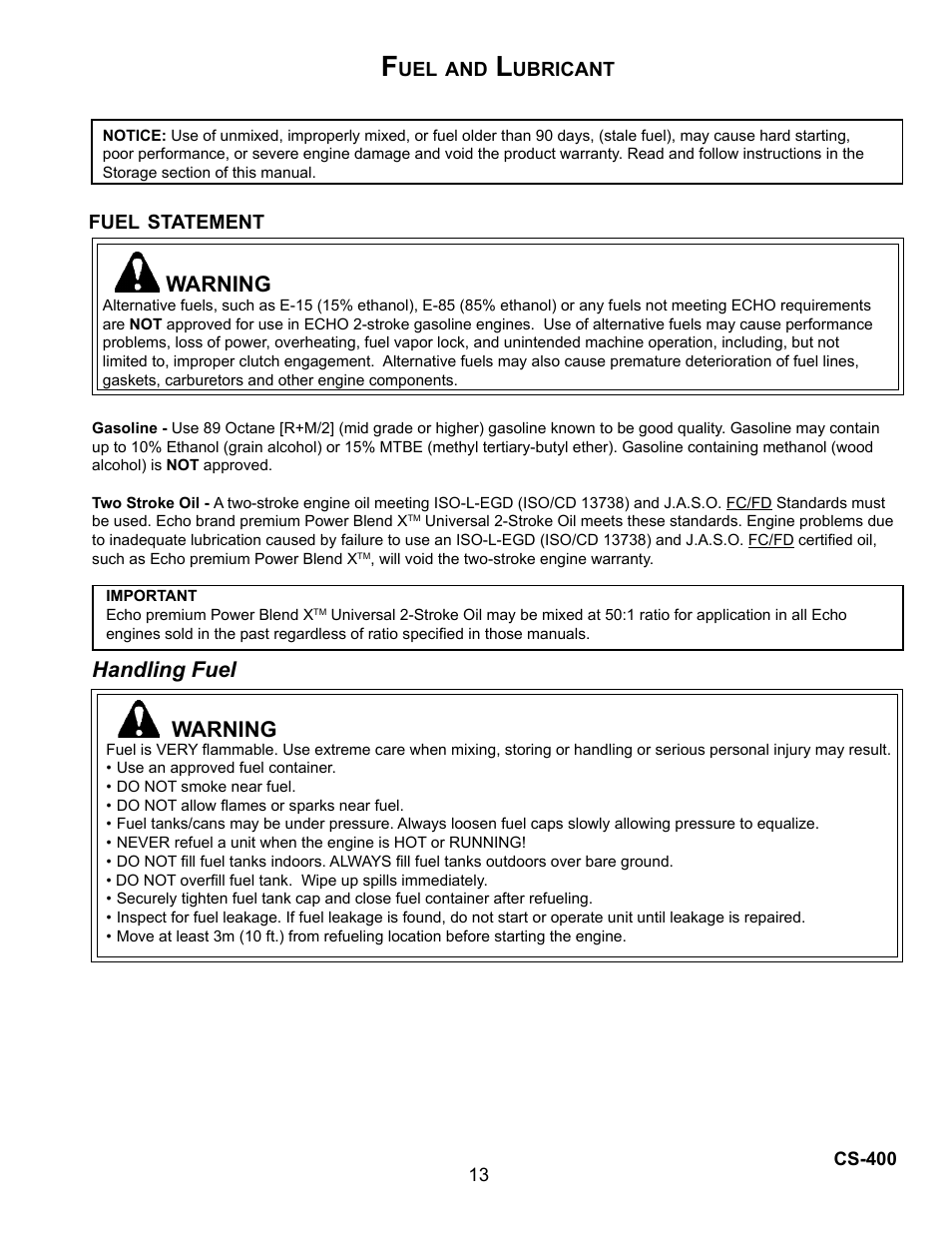 Handling fuel, Warning | Echo Chain Saw CS-400 User Manual | Page 13 / 36