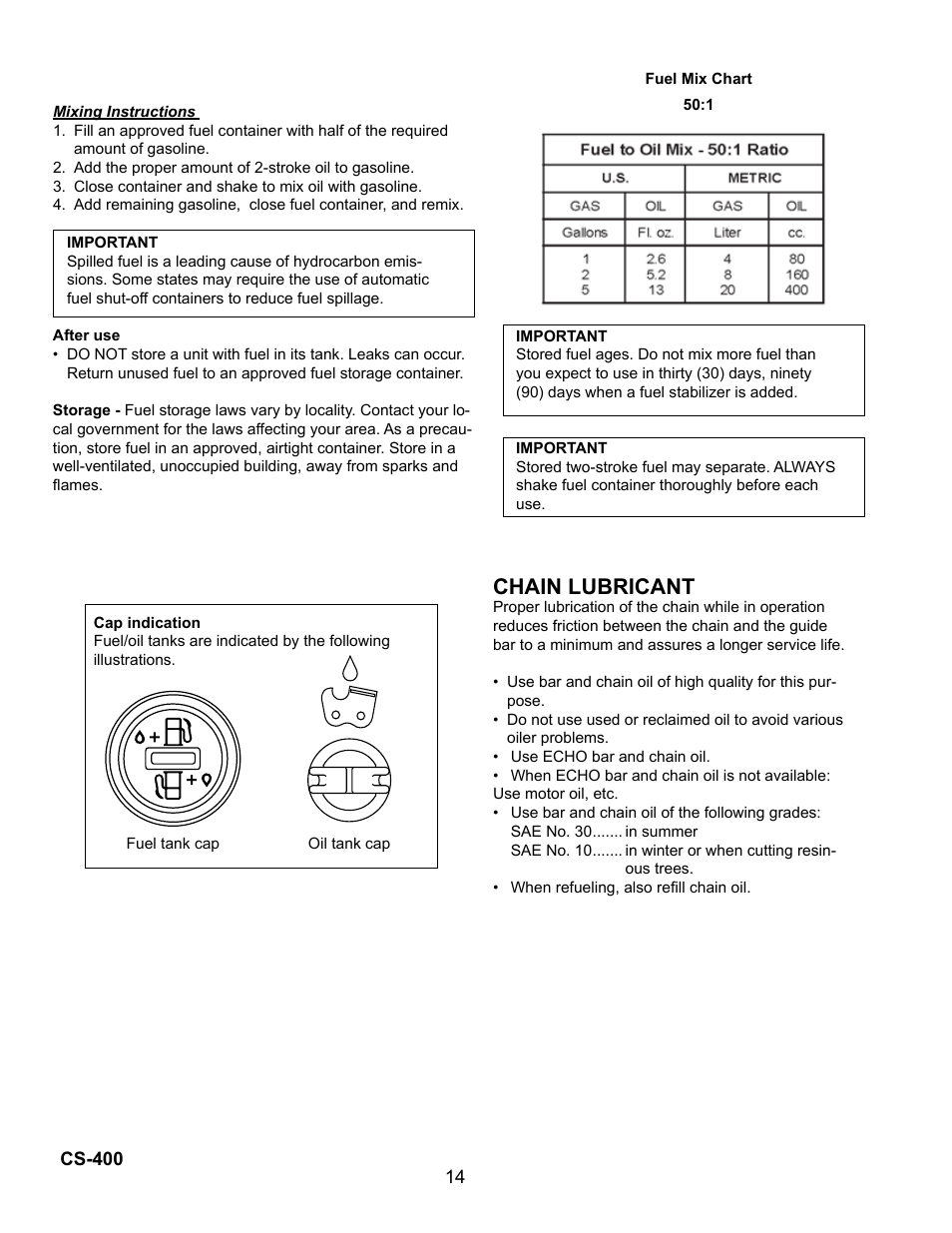 Chain lubricant | Echo Chain Saw CS-400 User Manual | Page 14 / 36