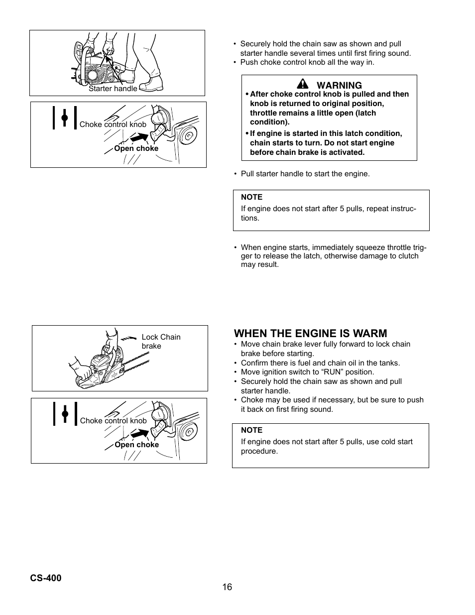 Operation, When the engine is warm, Chain lubricant | Echo Chain Saw CS-400 User Manual | Page 16 / 36