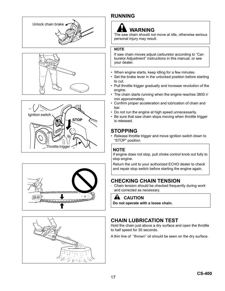 Running warning, Stopping, Checking chain tension | Chain lubrication test, Running | Echo Chain Saw CS-400 User Manual | Page 17 / 36