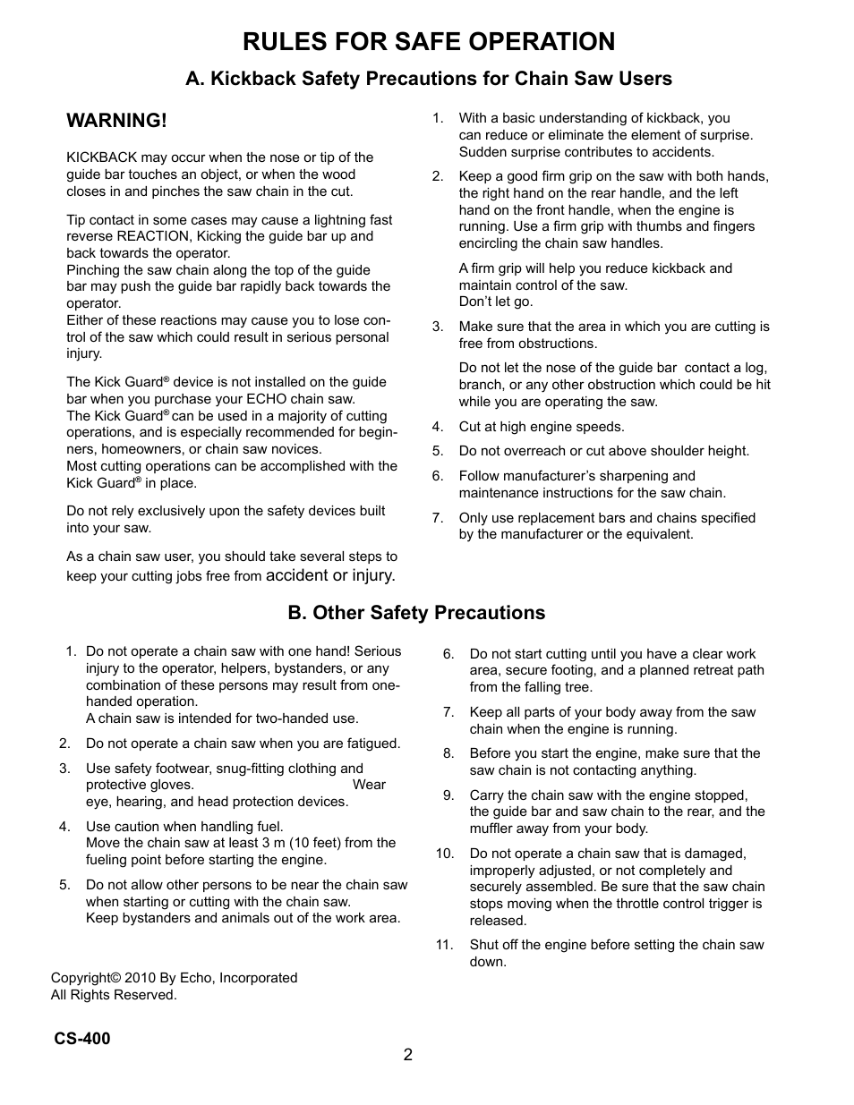 Rules for safe operation, A. kickback safety precautions for chain saw users, Warning | B. other safety precautions | Echo Chain Saw CS-400 User Manual | Page 2 / 36