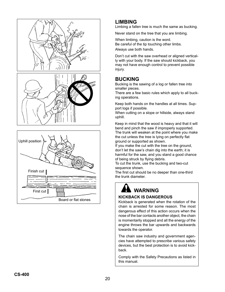 Limbing, Bucking, Warning | Echo Chain Saw CS-400 User Manual | Page 20 / 36