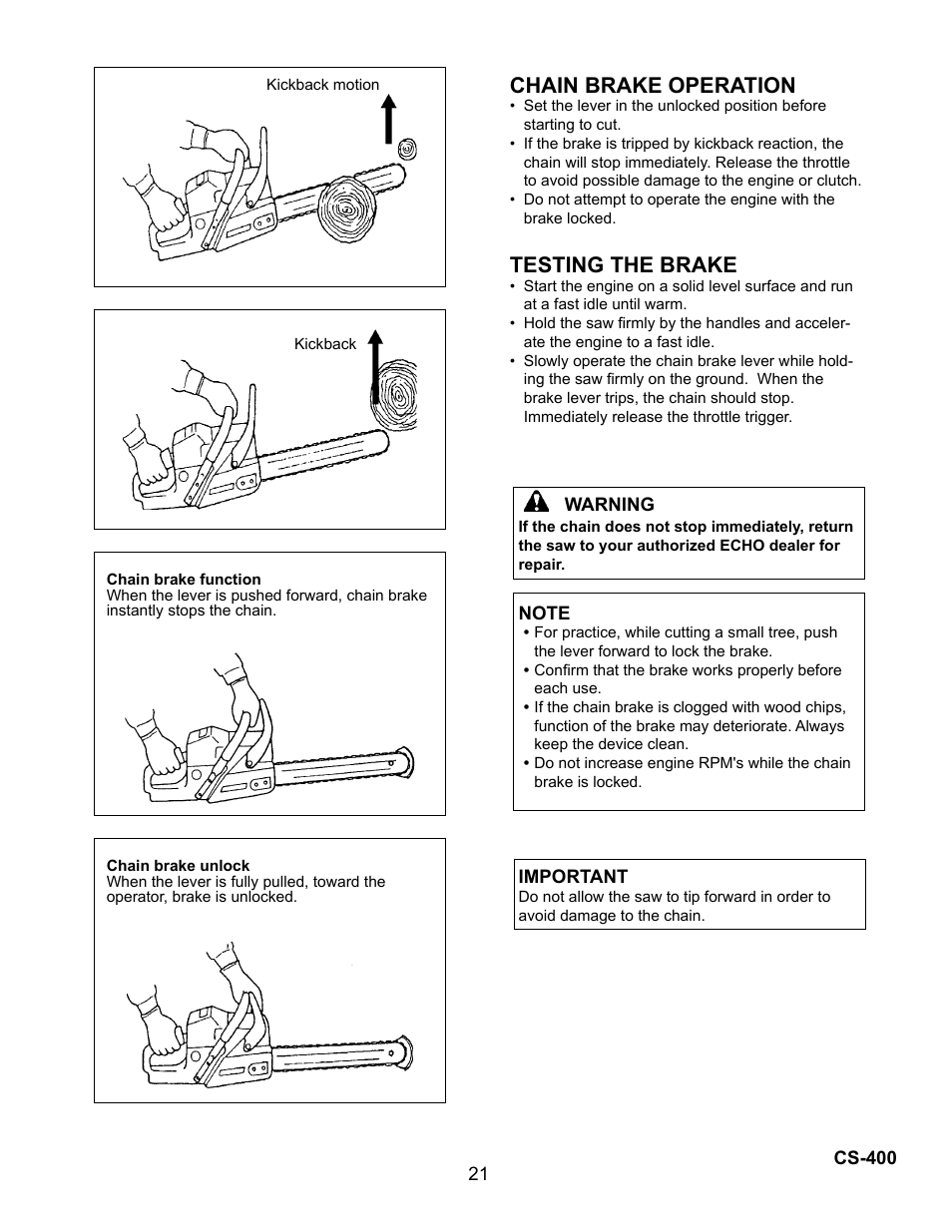 Chain brake operation, Testing the brake | Echo Chain Saw CS-400 User Manual | Page 21 / 36