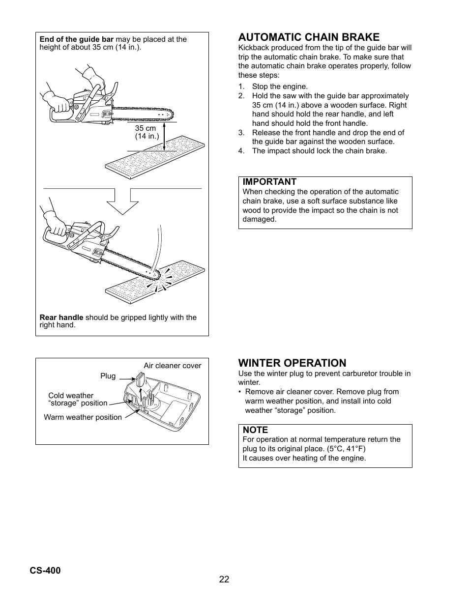 Automatic chain brake, Winter operation | Echo Chain Saw CS-400 User Manual | Page 22 / 36