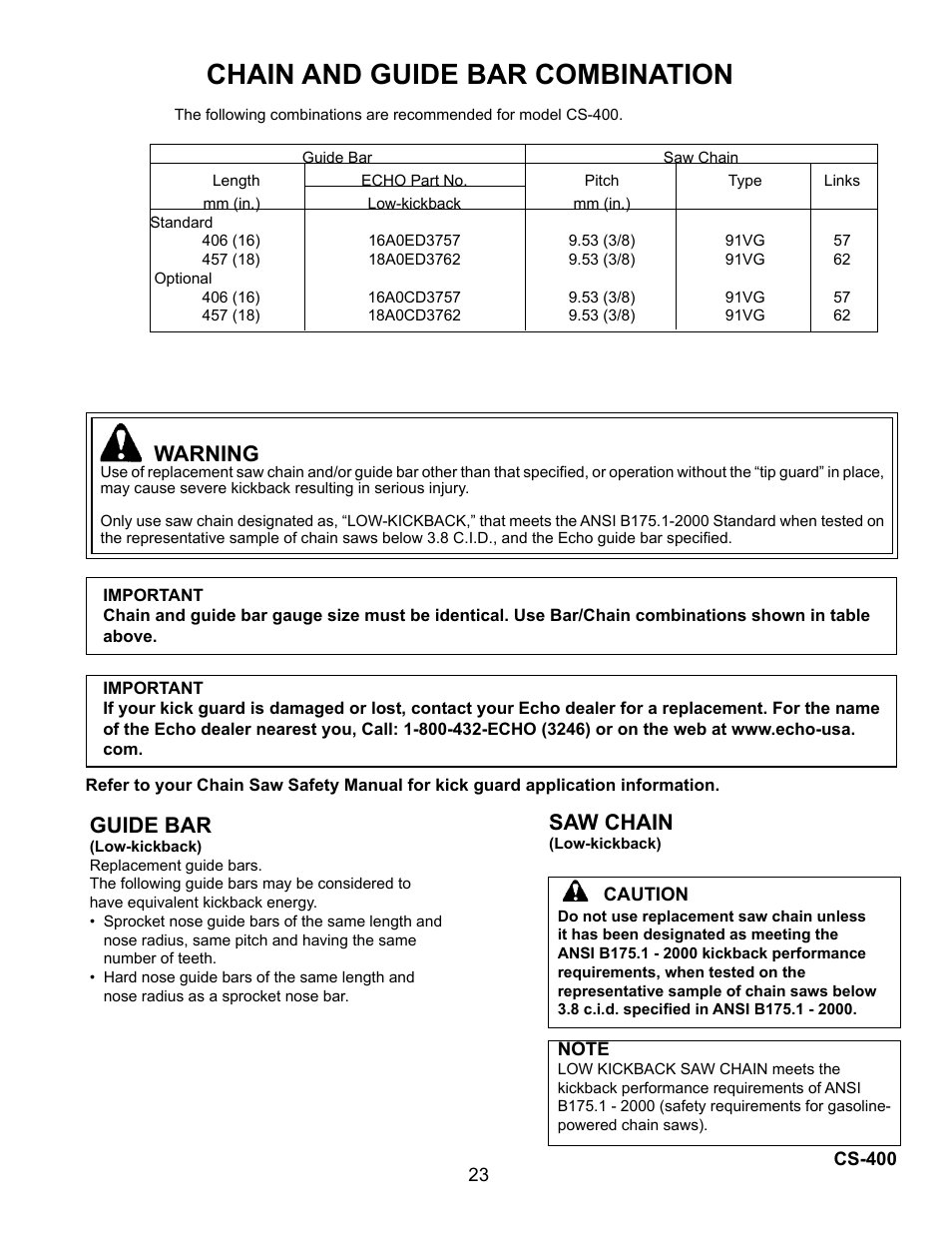 Chain and guide bar combination, Warning, Saw chain | Guide bar | Echo Chain Saw CS-400 User Manual | Page 23 / 36