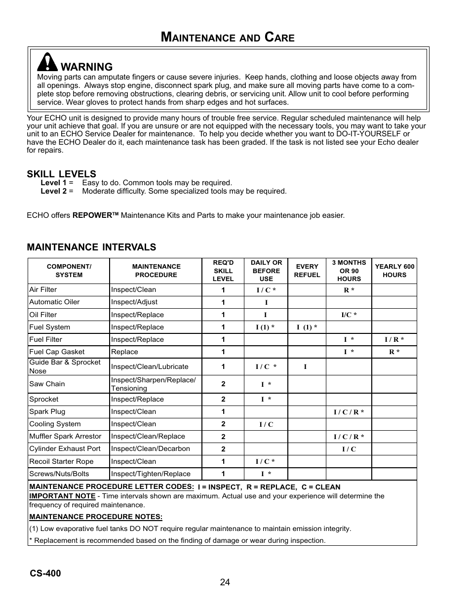 Warning, Aintenance, Skill | Levels, Maintenance, Intervals | Echo Chain Saw CS-400 User Manual | Page 24 / 36