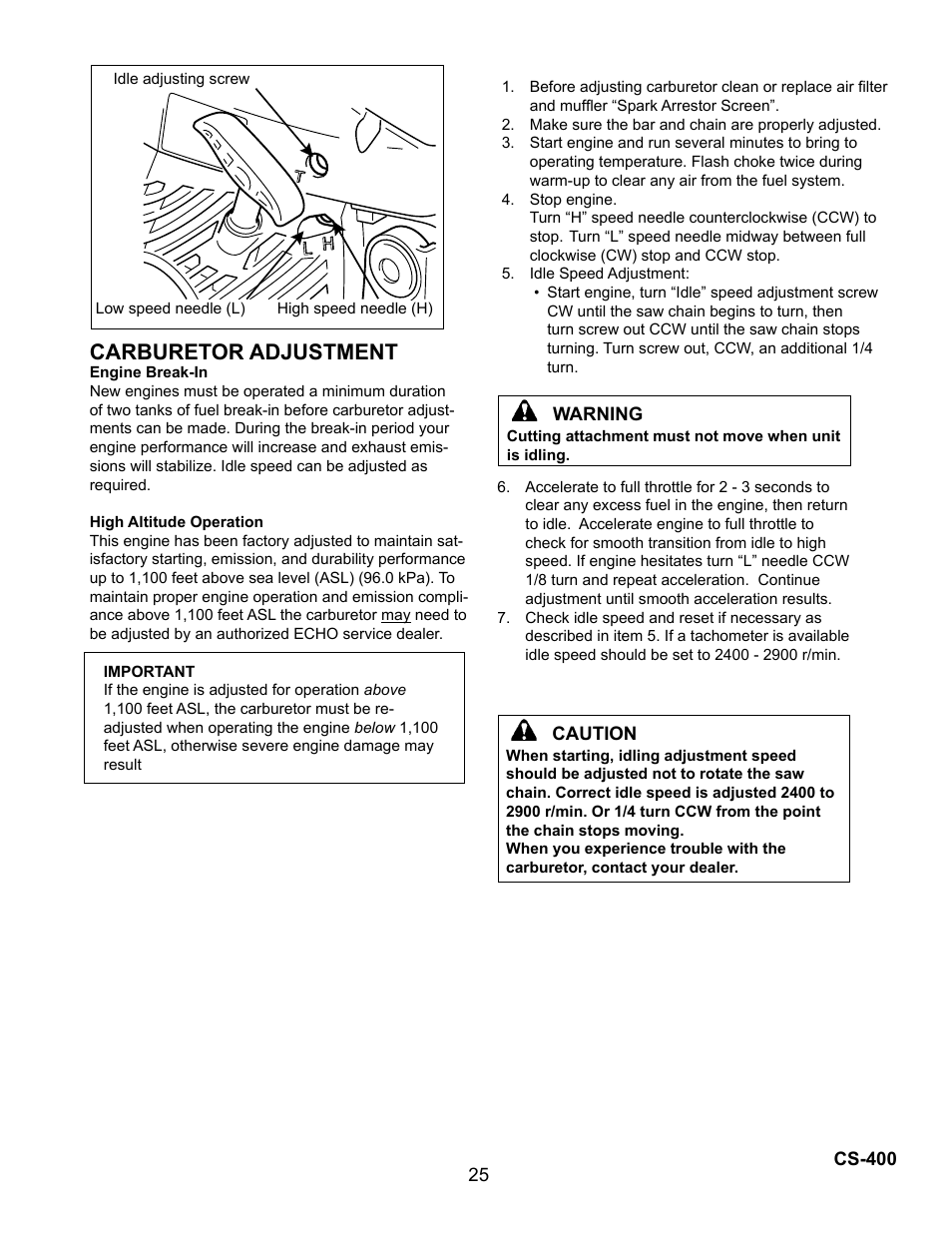 Carburetor adjustment | Echo Chain Saw CS-400 User Manual | Page 25 / 36