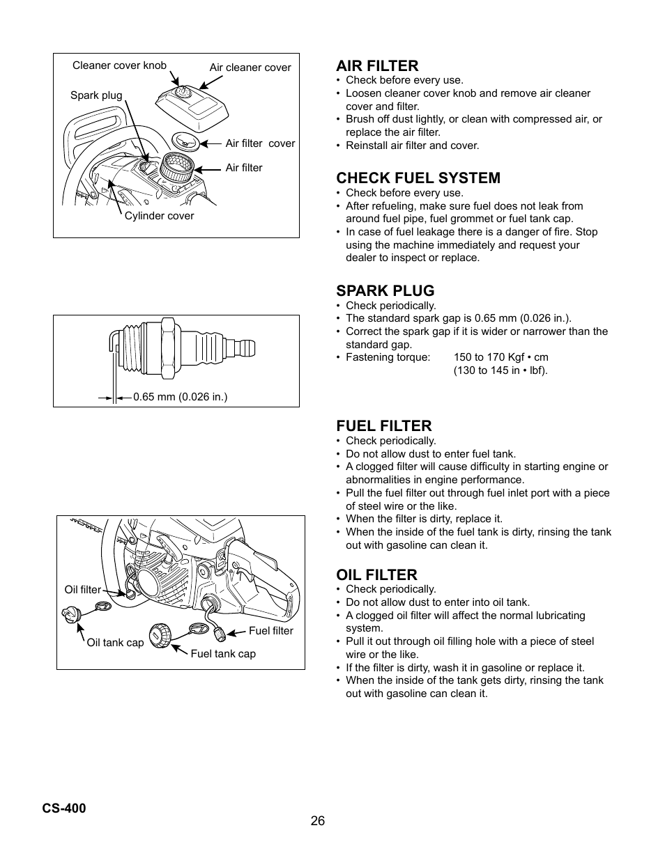 Air filter, Check fuel system, Spark plug | Fuel filter, Oil filter | Echo Chain Saw CS-400 User Manual | Page 26 / 36