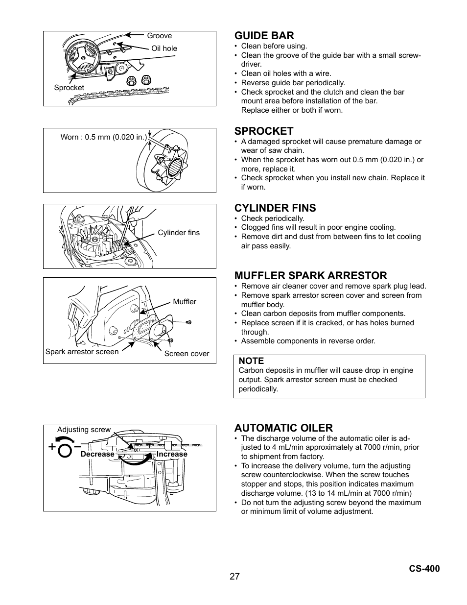 Guide bar, Sprocket, Cylinder fins | Muffler spark arrestor, Automatic oiler | Echo Chain Saw CS-400 User Manual | Page 27 / 36