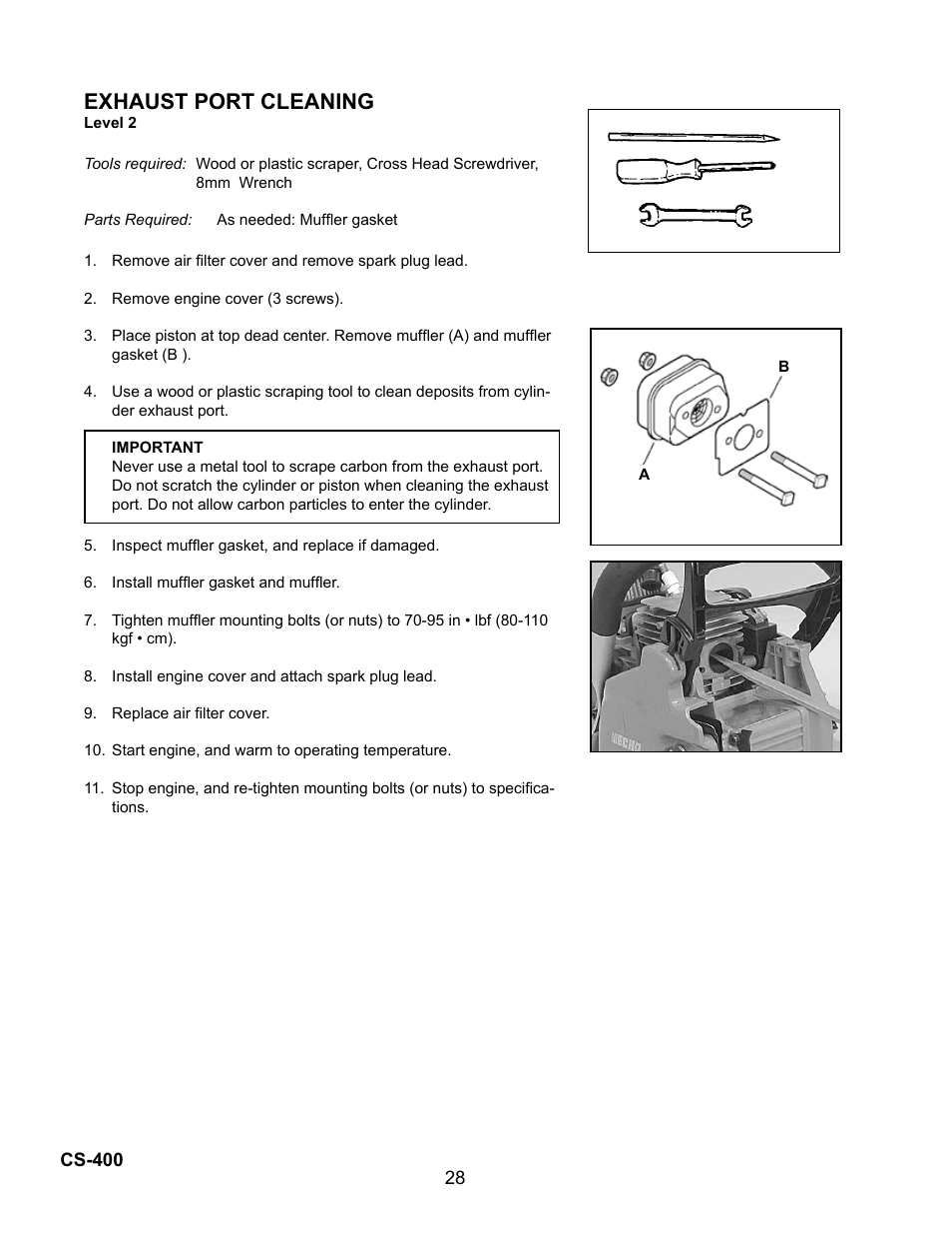 Exhaust port cleaning | Echo Chain Saw CS-400 User Manual | Page 28 / 36