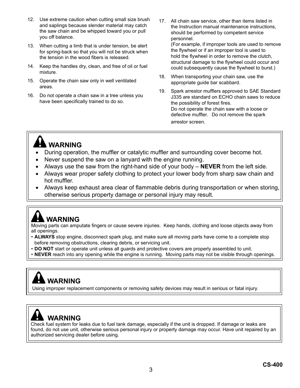 Warning | Echo Chain Saw CS-400 User Manual | Page 3 / 36