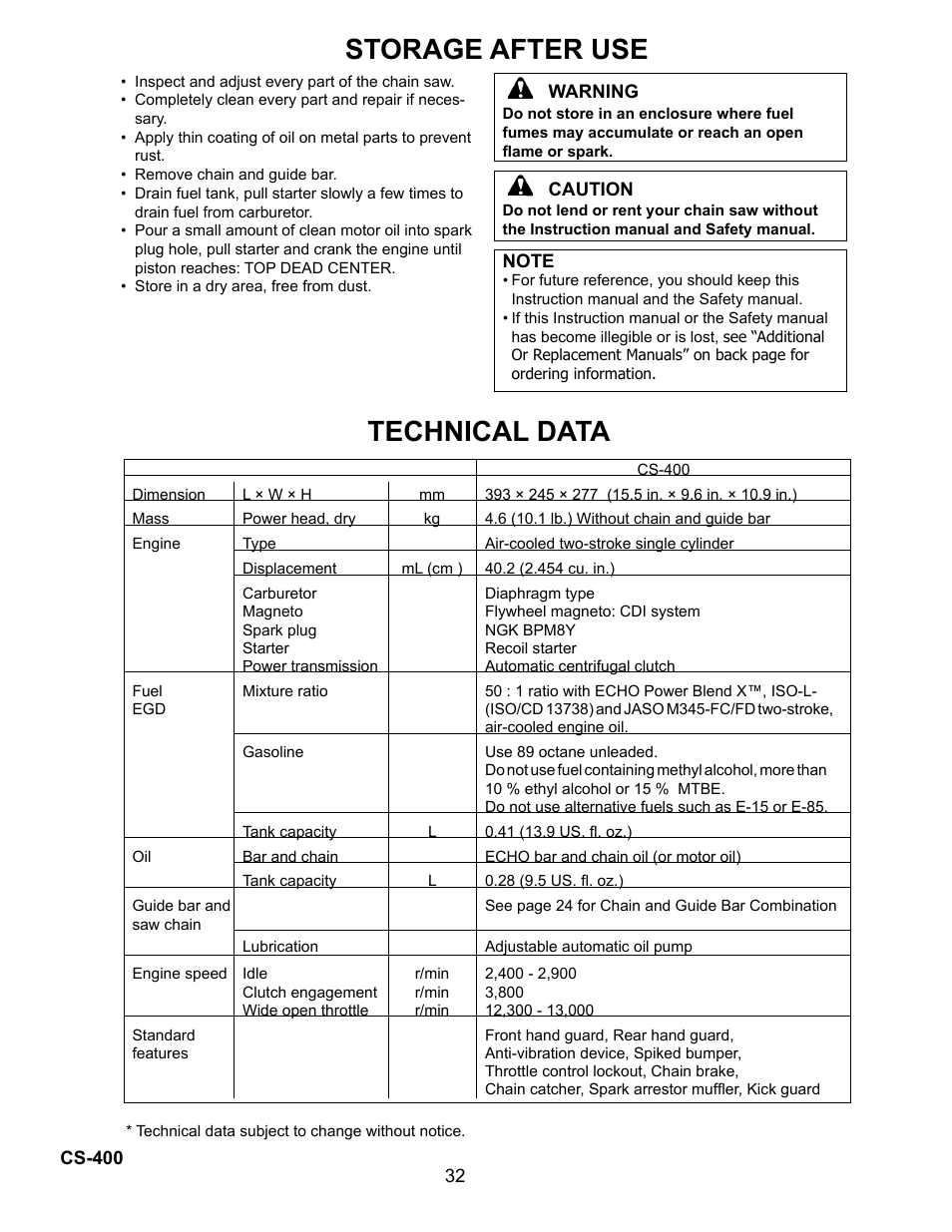 Storage after use, Technical data | Echo Chain Saw CS-400 User Manual | Page 32 / 36