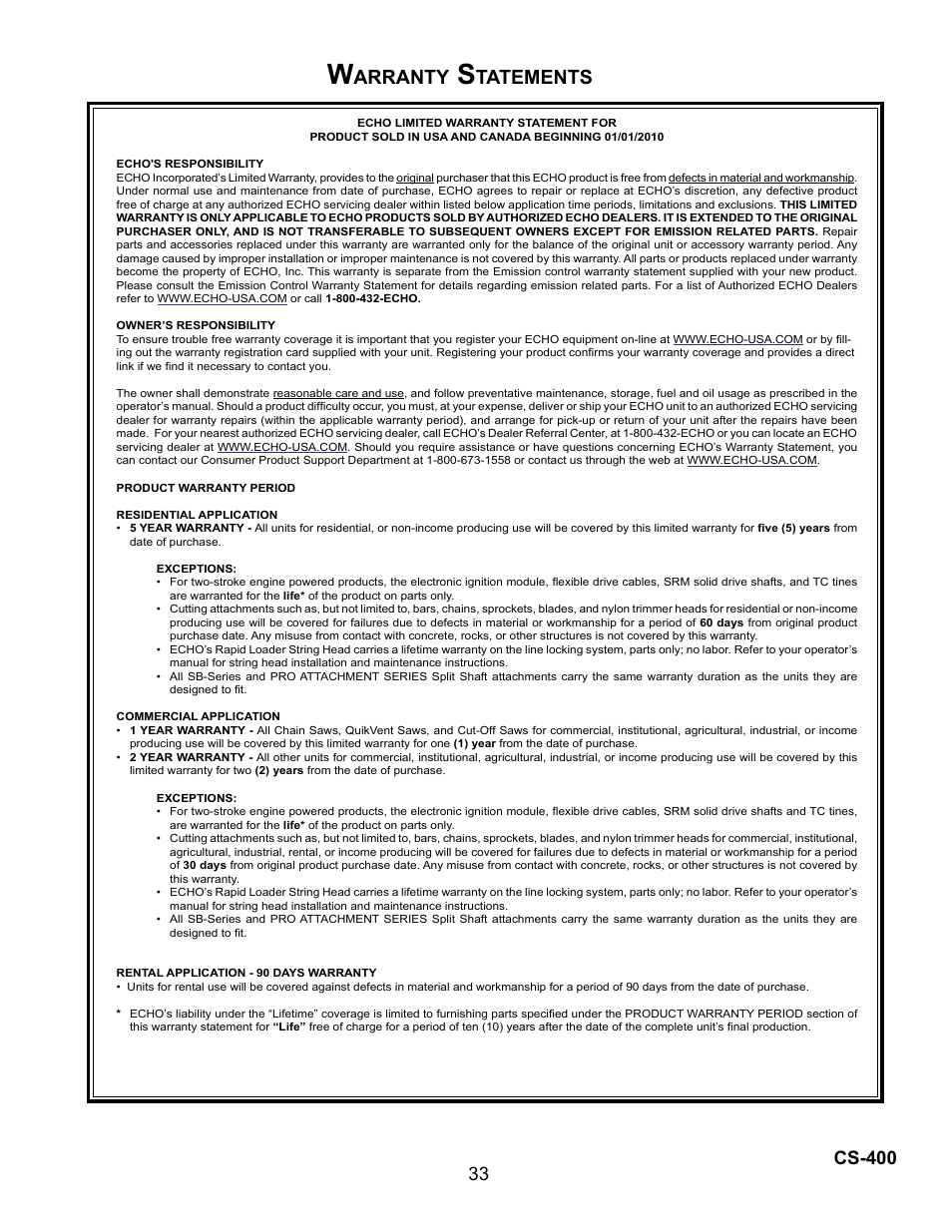Arranty, Tatements | Echo Chain Saw CS-400 User Manual | Page 33 / 36