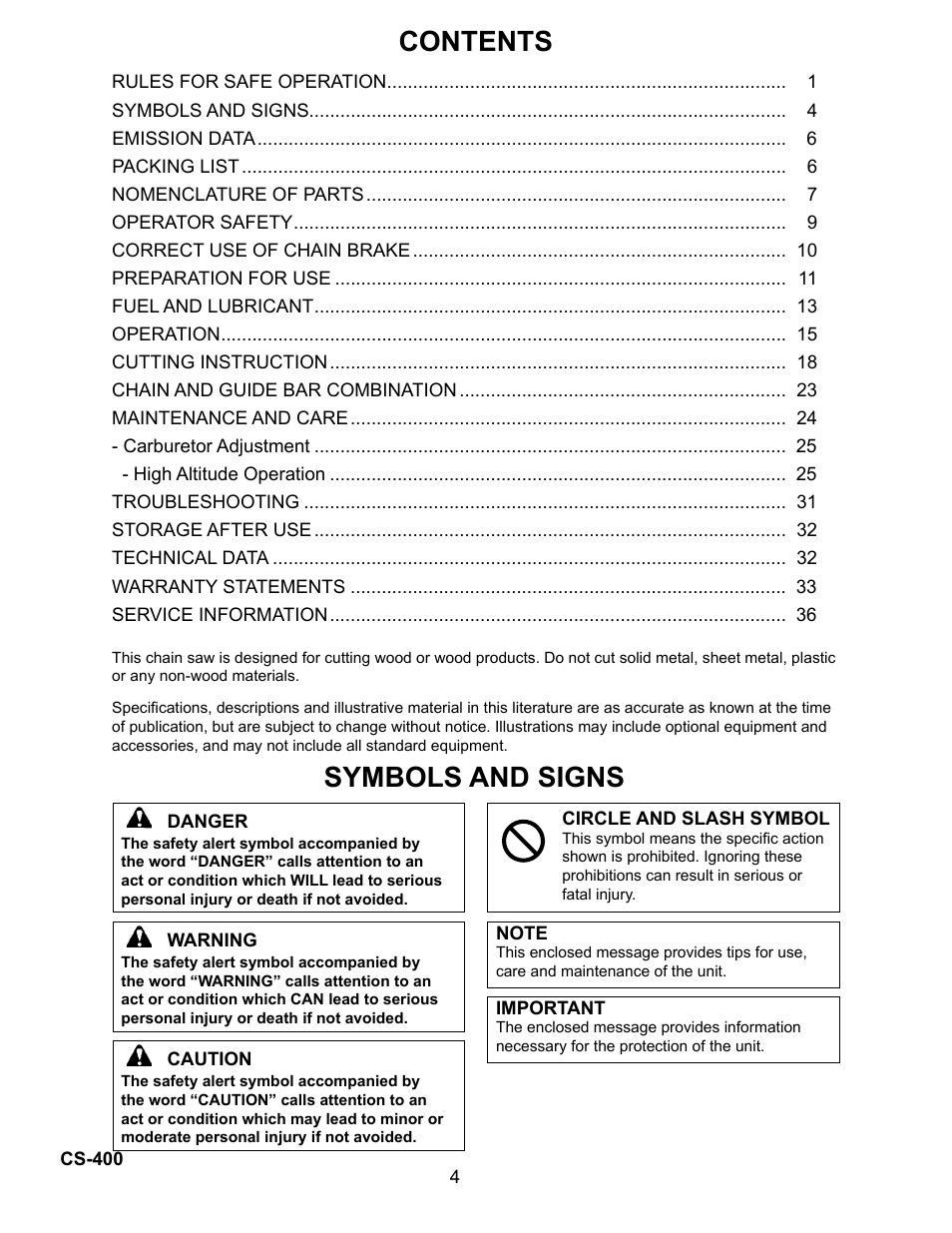 Echo Chain Saw CS-400 User Manual | Page 4 / 36