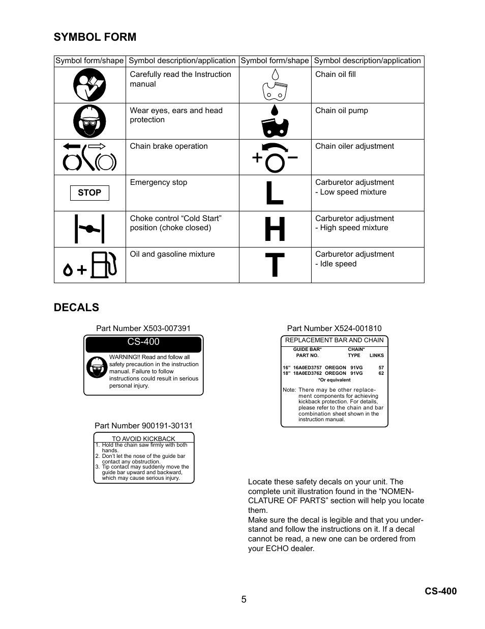 Decals, Symbol form, 5cs-400 | Cs-400, Stop | Echo Chain Saw CS-400 User Manual | Page 5 / 36