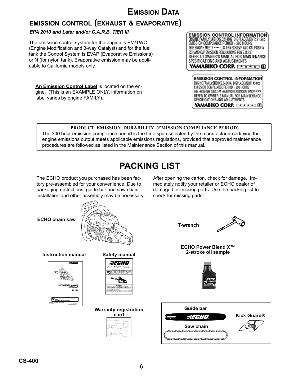 Packing list | Echo Chain Saw CS-400 User Manual | Page 6 / 36