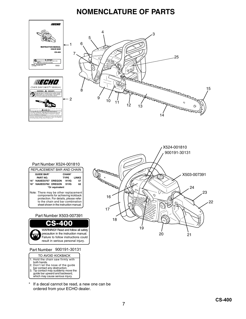 Nomenclature of parts, Cs-400 | Echo Chain Saw CS-400 User Manual | Page 7 / 36