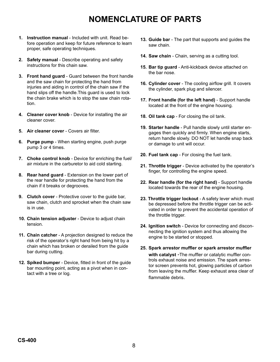 Nomenclature of parts | Echo Chain Saw CS-400 User Manual | Page 8 / 36