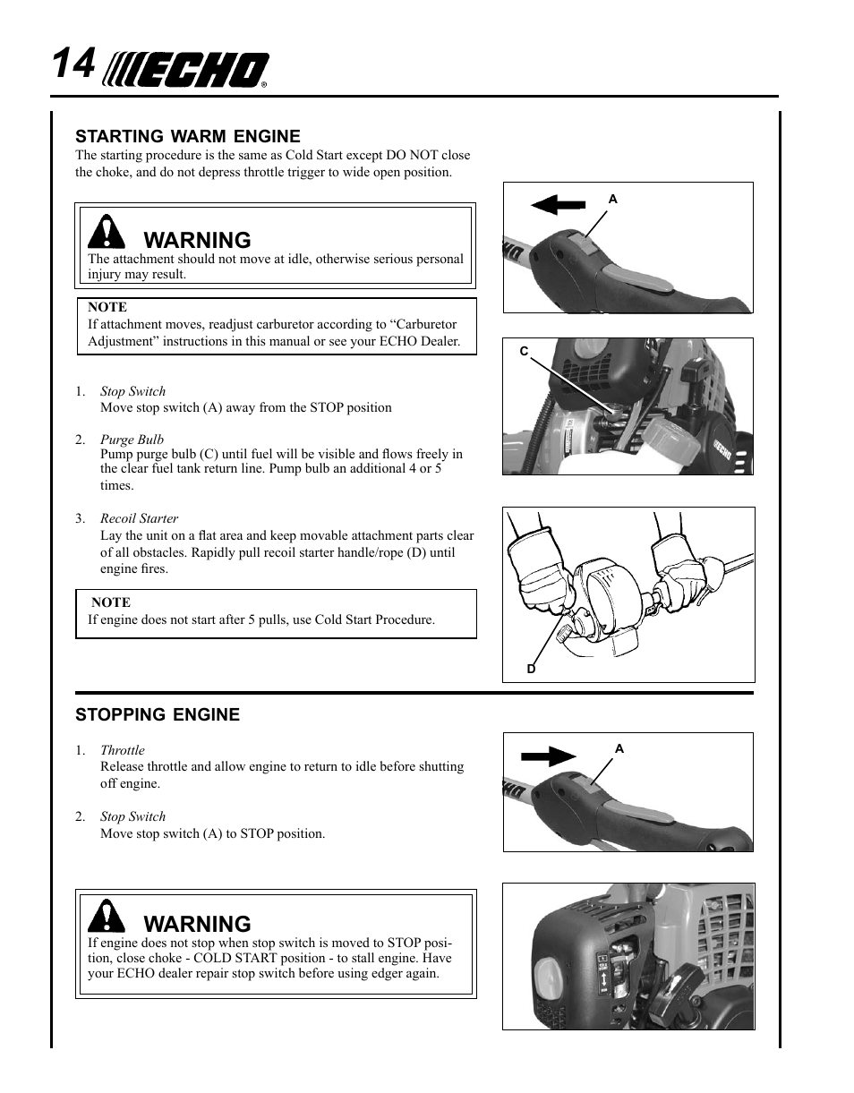 Starting warm engine, Stopping engine, Warning | Echo PE-280 User Manual | Page 14 / 32