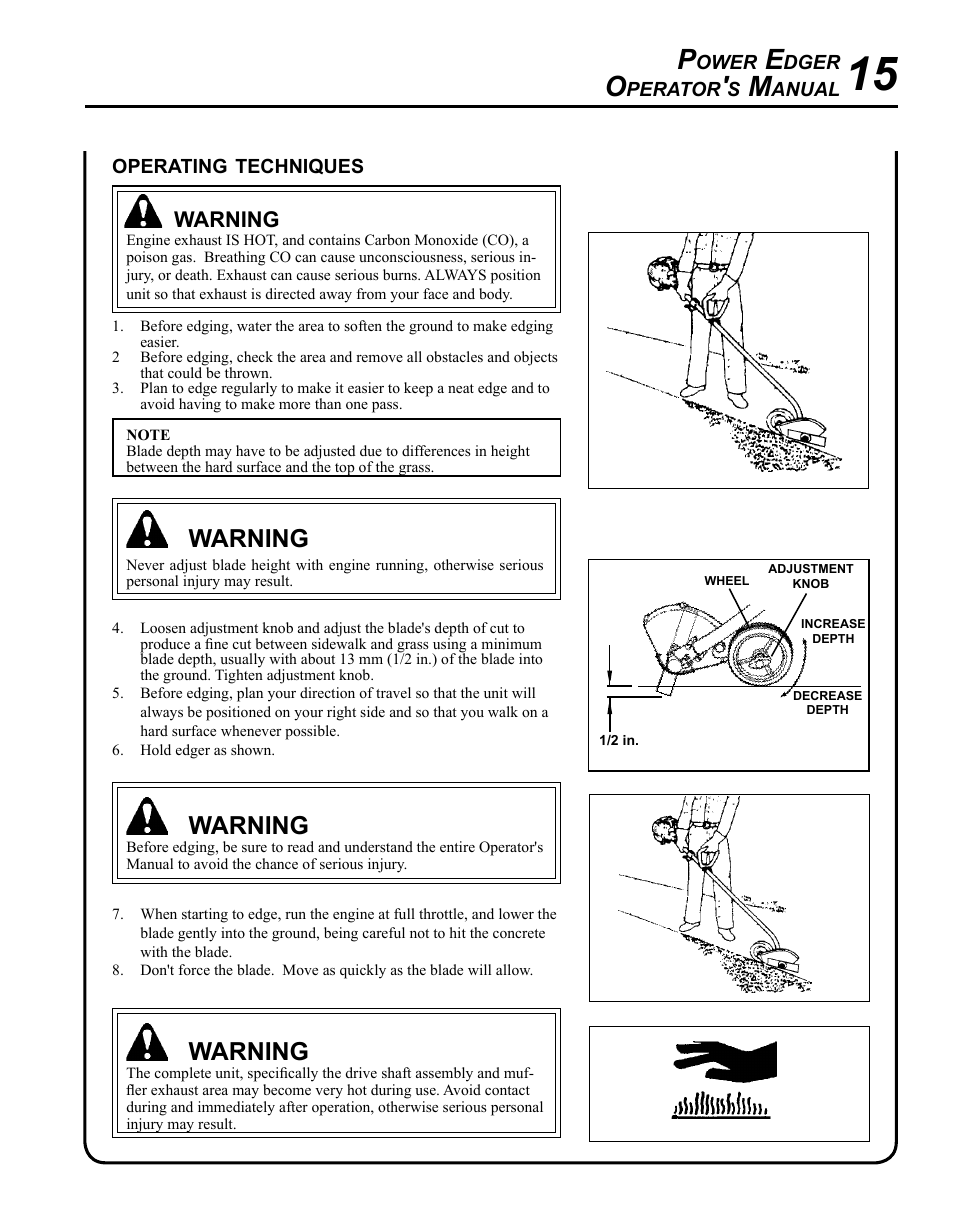 Operating techniques, Warning | Echo PE-280 User Manual | Page 15 / 32