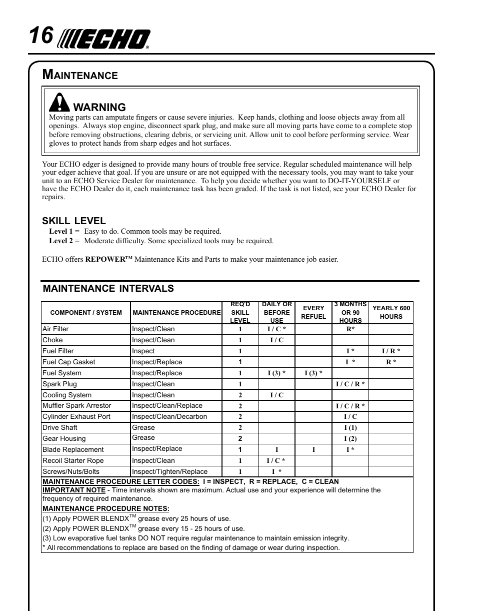 Maintenance, Warning, Skill | Level, Intervals, Aintenance | Echo PE-280 User Manual | Page 16 / 32