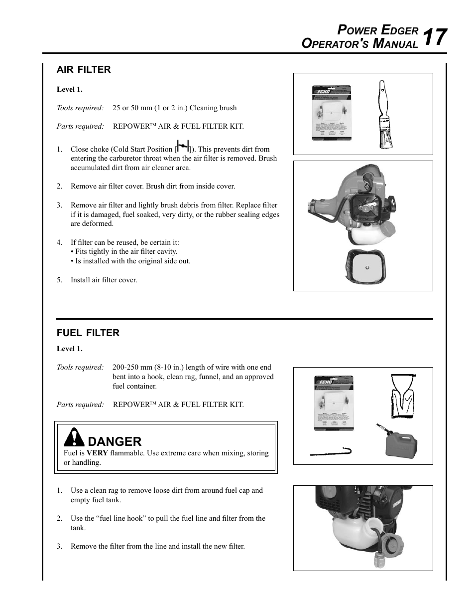 Air filter, Fuel filter, Danger | Echo PE-280 User Manual | Page 17 / 32