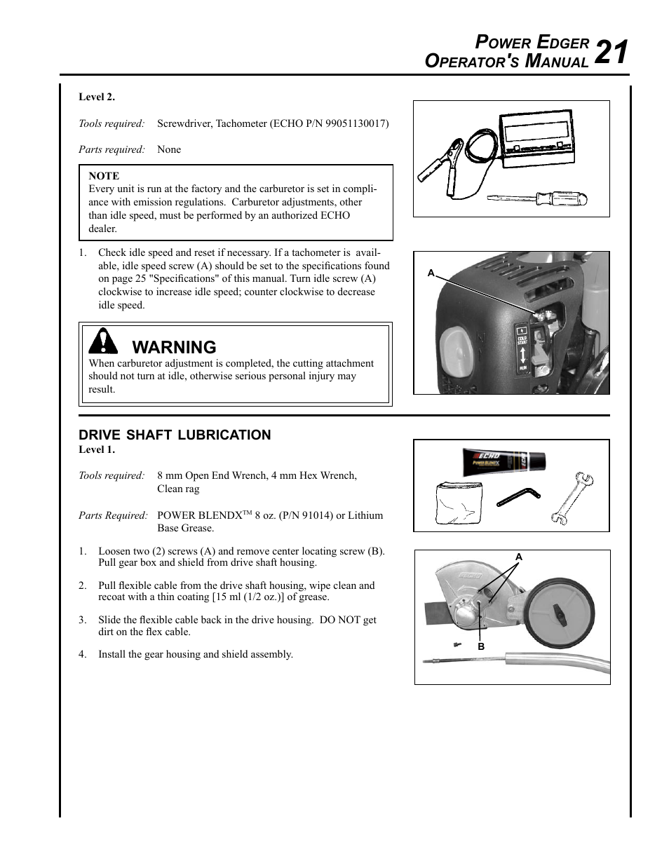 Drive shaft lubrication, Warning | Echo PE-280 User Manual | Page 21 / 32
