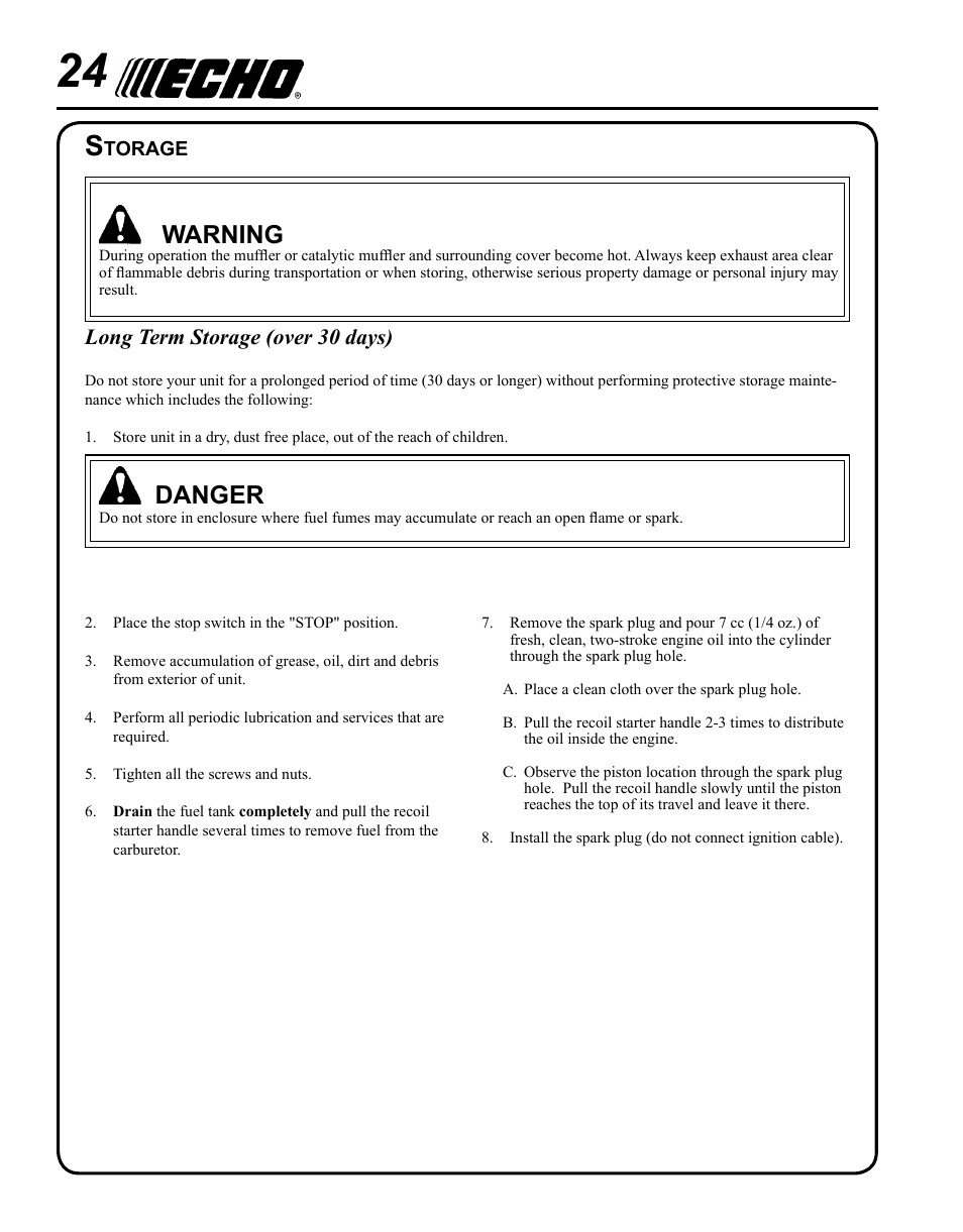 Storage, Warning, Danger | Long term storage (over 30 days) | Echo PE-280 User Manual | Page 24 / 32