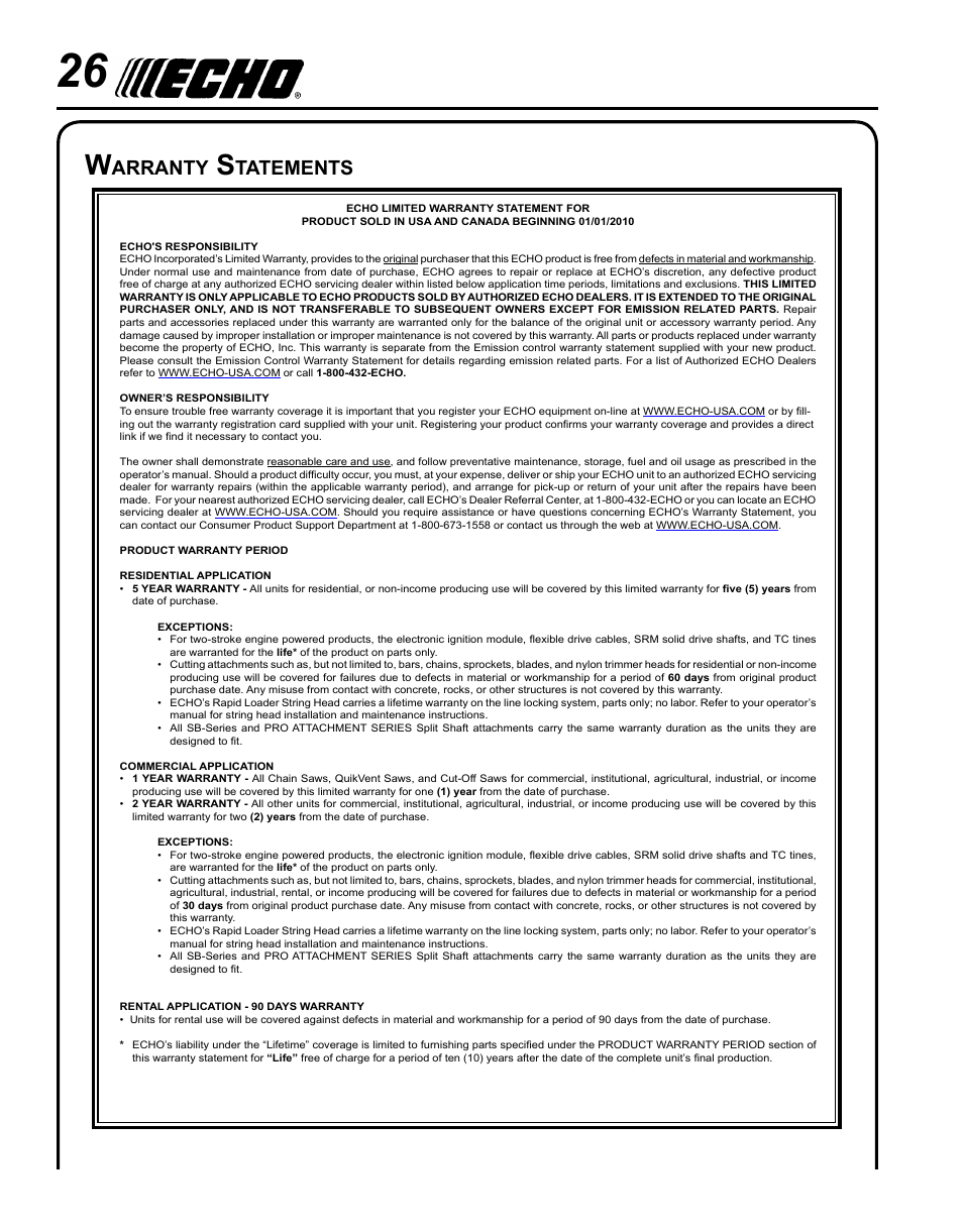 Warranty statements, Arranty, Tatements | Echo PE-280 User Manual | Page 26 / 32