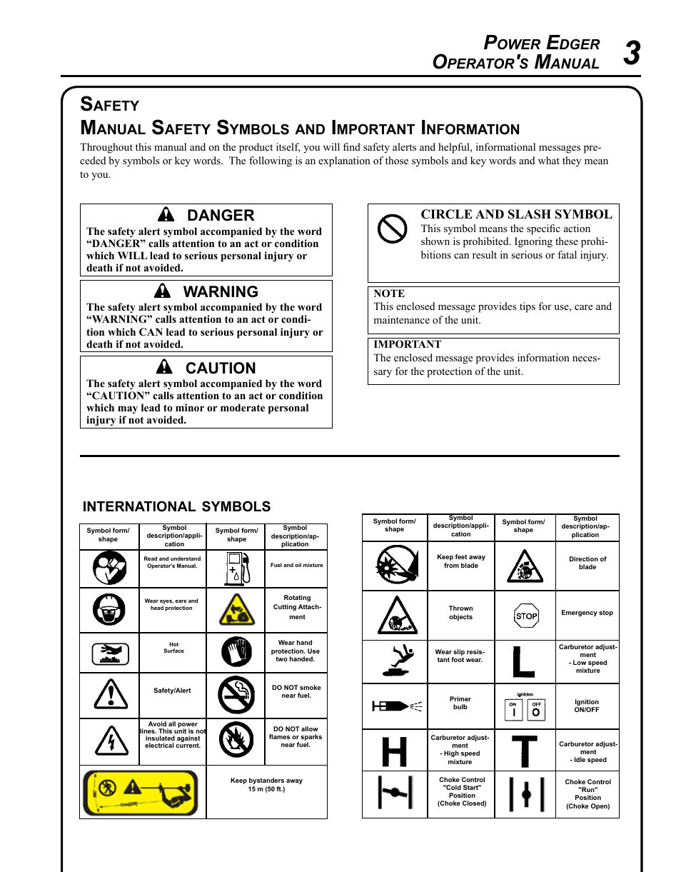 Safety, Warning, Caution | Danger, Ower, Dger, Perator, Anual, Afety, Ymbols | Echo PE-280 User Manual | Page 3 / 32