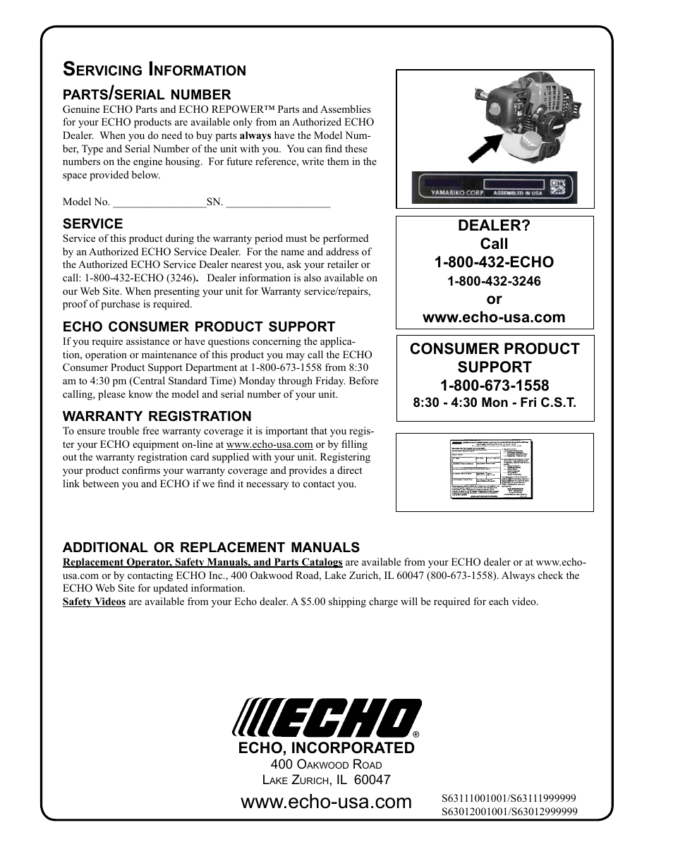 Servicing information | Echo PE-280 User Manual | Page 32 / 32