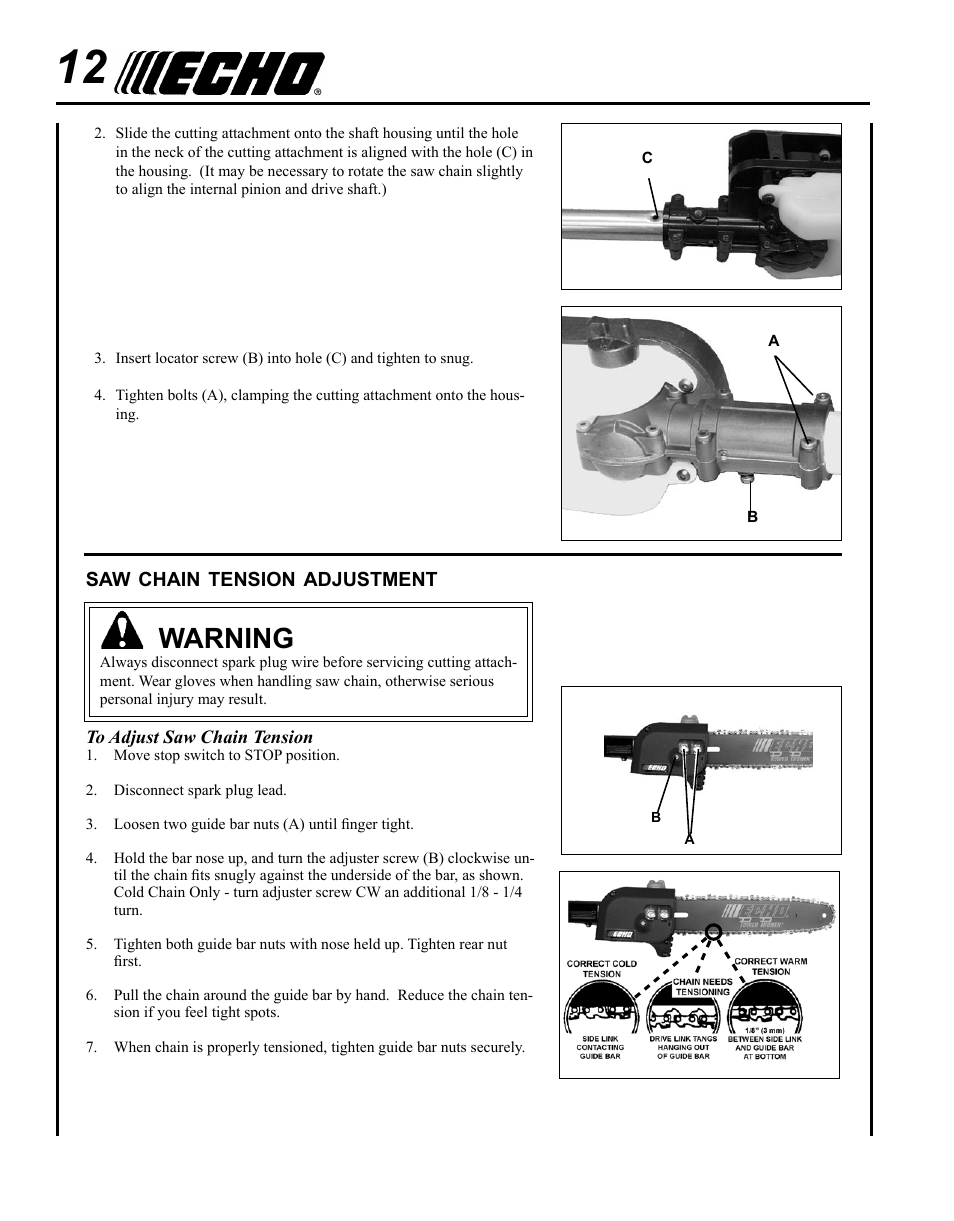 Saw chain tension adjustment, Warning | Echo PPF-225 User Manual | Page 12 / 36