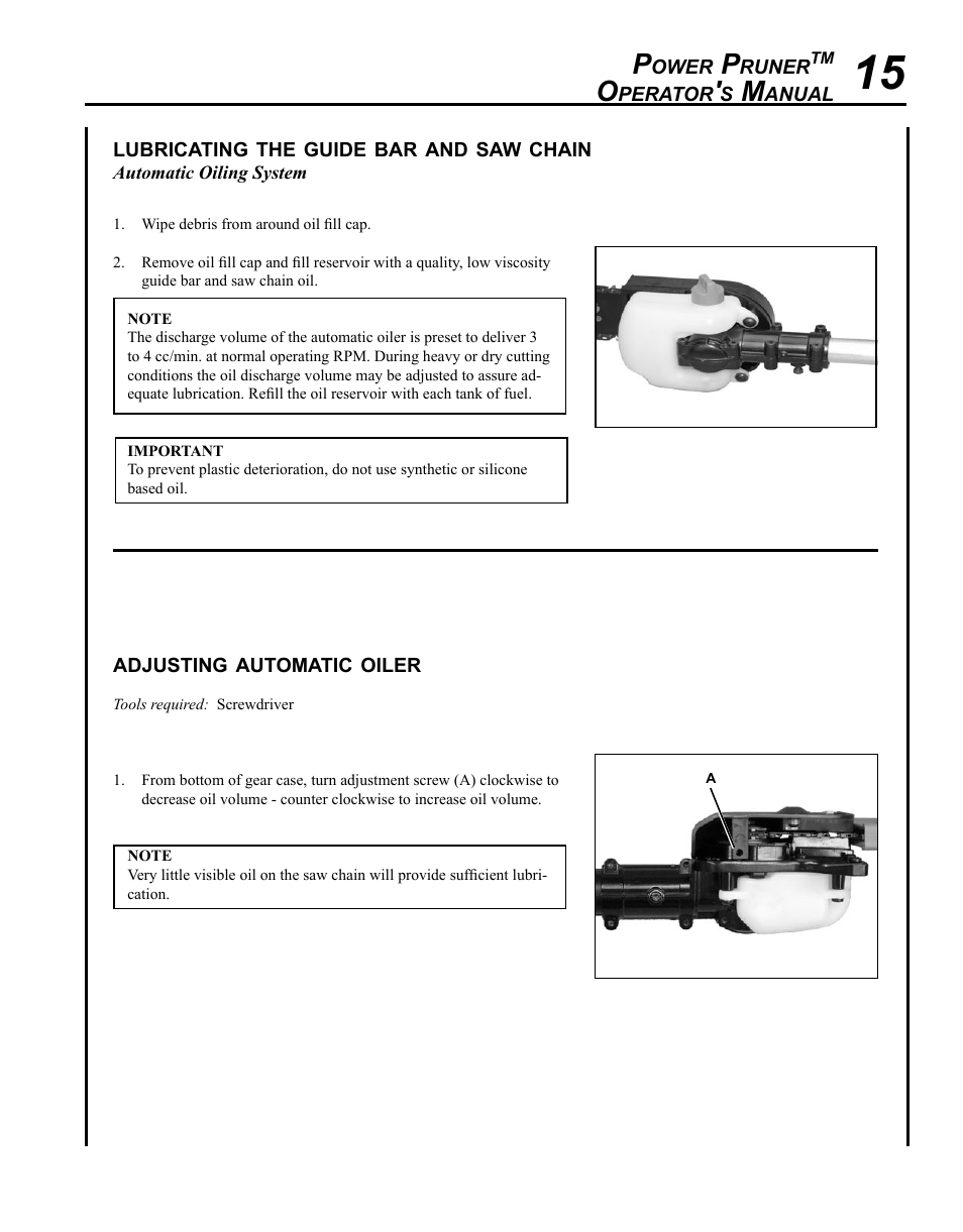 Lubricating the guide bar and saw chain, Adjusting automatic oiler | Echo PPF-225 User Manual | Page 15 / 36
