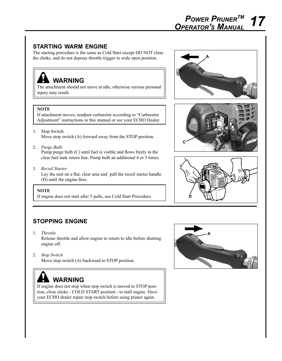 Starting warm engine, Stopping engine | Echo PPF-225 User Manual | Page 17 / 36