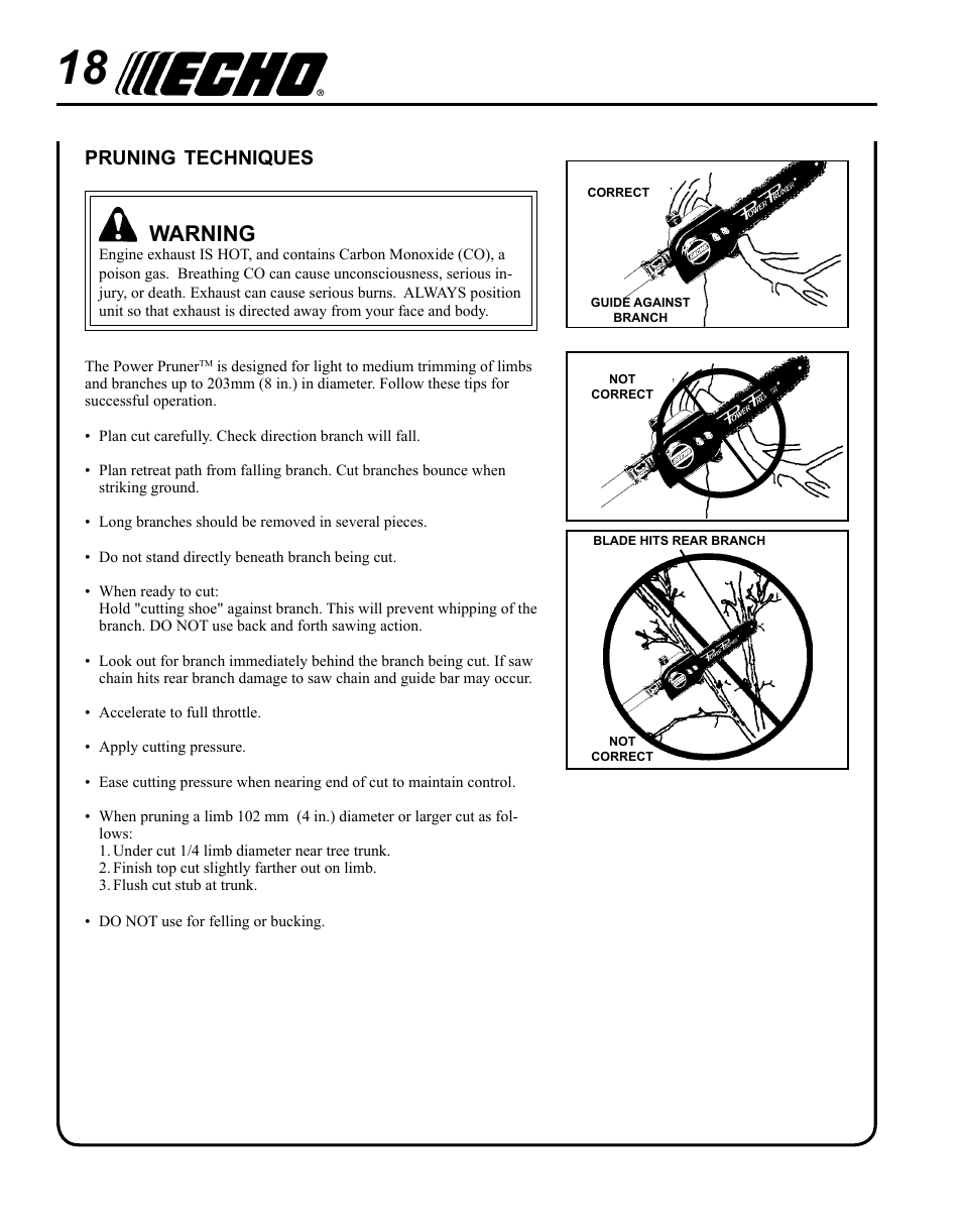 Pruning techniques, Warning | Echo PPF-225 User Manual | Page 18 / 36