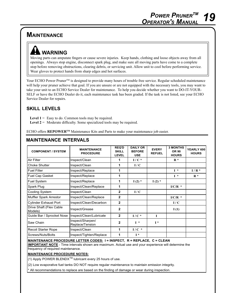 Maintenance, Warning, Ower | Runer, Perator, Anual, Skill, Levels, Intervals, Aintenance | Echo PPF-225 User Manual | Page 19 / 36