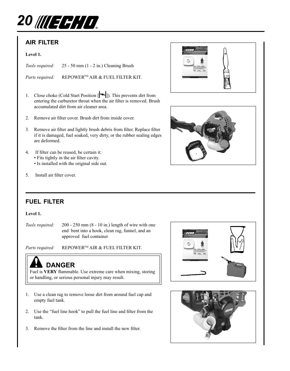 Air filter, Fuel filter, Danger | Echo PPF-225 User Manual | Page 20 / 36